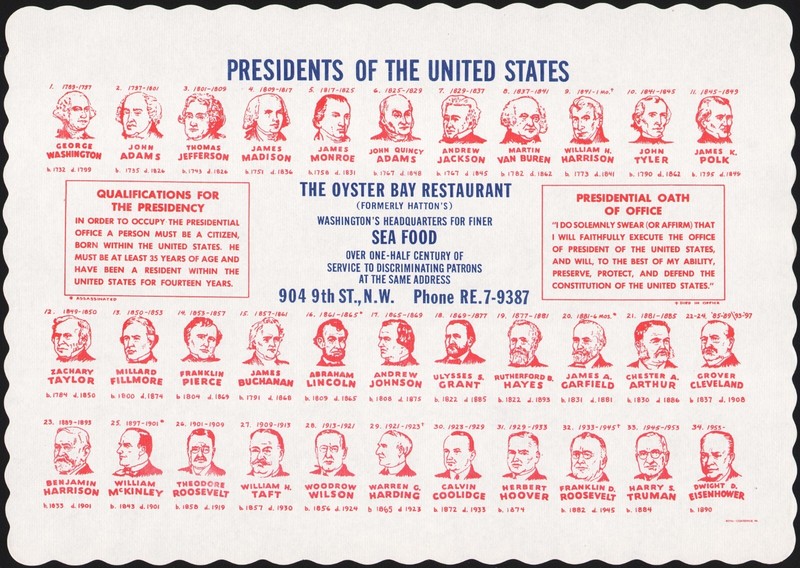 Vintage placemat THE OYSTER BAY RESTAURANT Presidents Eisenhower Washington DC