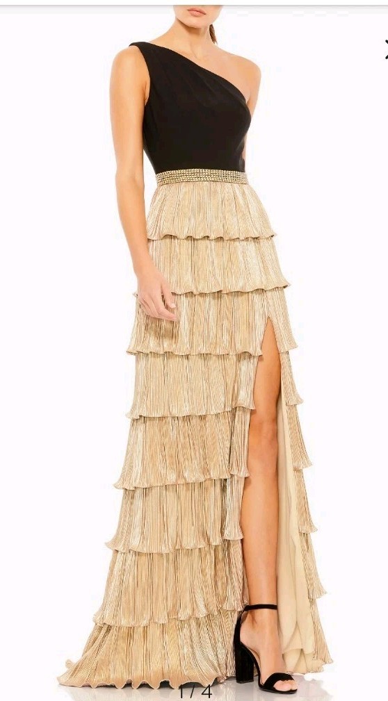 New Ieena Mac Duggal 1 Shoulder Black Gold Gala Yacht Ruffle Evening Gown 8 NWT