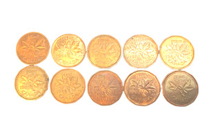 10 Canadian Pennies.  Elizabeth I I 1980-1989
