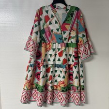SHEIN CURVE Dress Women 1X Colorful Geo Floral Y Neck Print Flowy Summer Flared