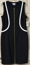 NWT Calvin Klein Black Sheath Dress Gold Zip White Trim Sleeveless Sz 12 Career