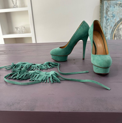 Charlotte Olympia Eternally Dolly Aqua Color Suede Heels Size 37.5