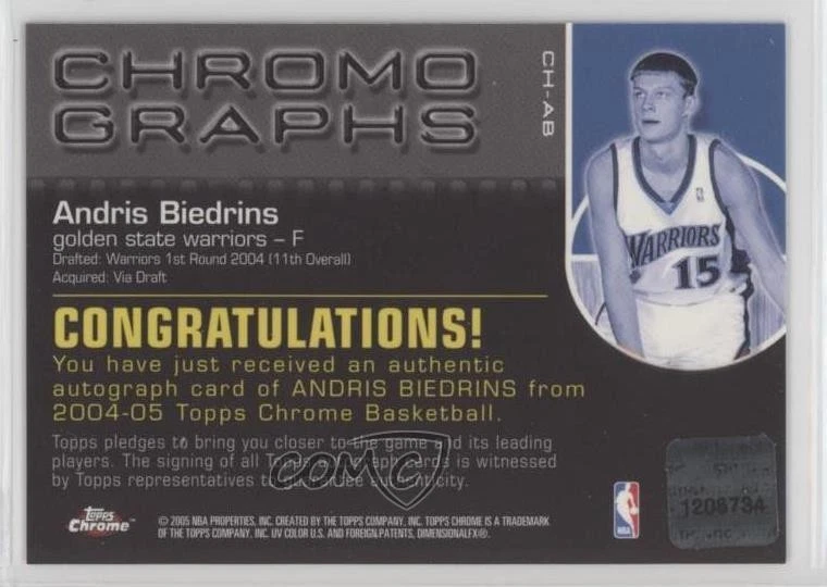 2004-05 Topps Chrome Chromographs Andris Biedrins #CH-AB Rookie Auto RC - Image 2 of 2
