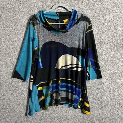 Damee Women's Small Multi-Color Mesh Print Long Sleeve Cowl Neck Art To Wear Top