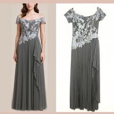NEW ALEXANDER BY DAYMOR  6  Off the Shoulder Pleated Gown Silver Grey J1907
