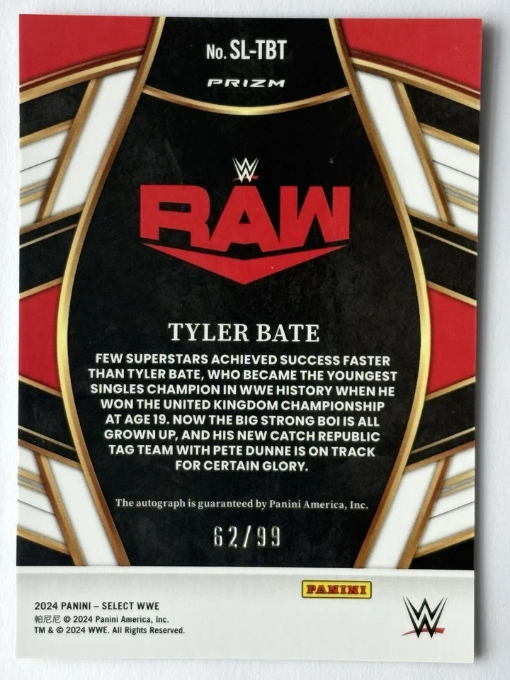 2024 Panini Select WWE Tyler Bate /99 Red Prizm Signatures Auto #SL-TBT - Image 2 of 3
