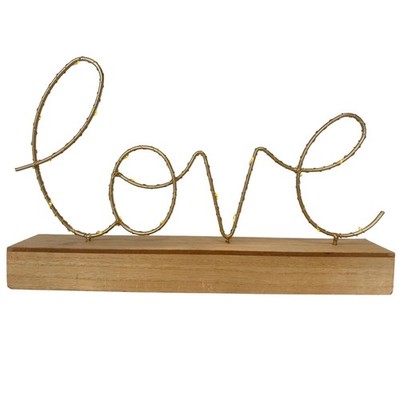Gold Wire Love Sign with LED Fairy Lights on Wood Base Tabletop Decor