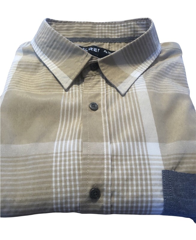 RED APE Light Brown PLAID Short Sleeve button down Shirt Denim Accents 2XL