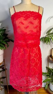 VTG LOVELY!! DEENA 2PC SET RED FLORAL LACE CAMI CAMISOLE&HALF SISSY SLIP* 32 S