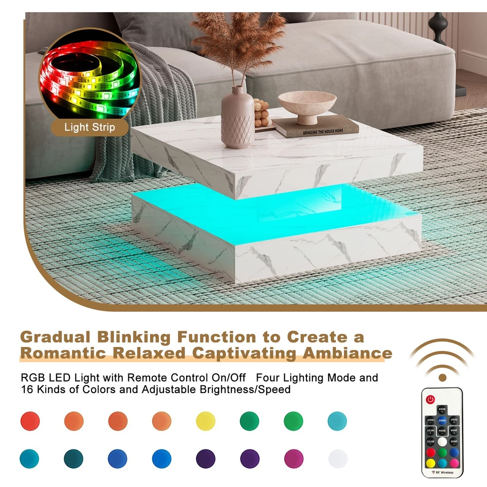 High Gloss Coffee Table for Living Room Square Side Table LED Light Furniture US - Image 2 of 4