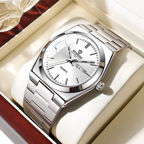 Men’s Luxury Stainless Steel Watch Quartz Waterproof Double Calendar Business