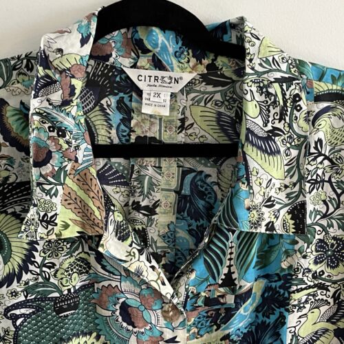 Citron Santa Monica Vtg 2X Button Front Top Woven Botanical Printed Flowy Casual - Picture 2 of 10