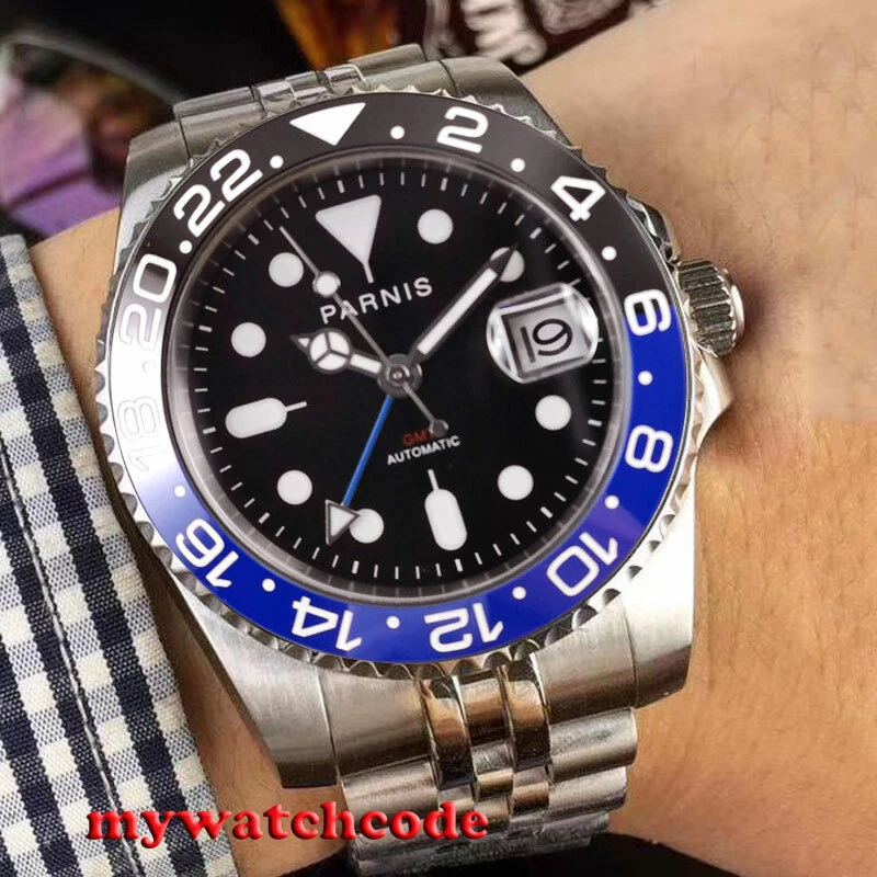 40mm PARNIS esfera negra Batman bisel cer mica zafiro GMT SS reloj autom tico para hombre