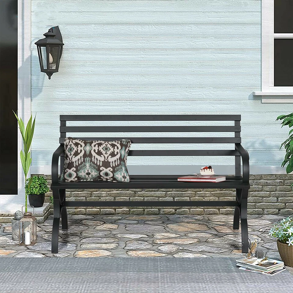 Banco Exterior Patio Silla Metal Jardín Muebles Patio Trasero Parque Porche Asiento Negro Foto 3 de 4