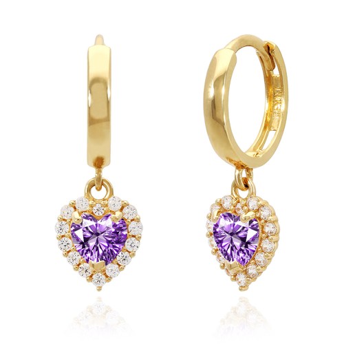 14K Yellow Gold Halo Heart Birthstone CZ Huggie Earrings - Picture 12 of 61