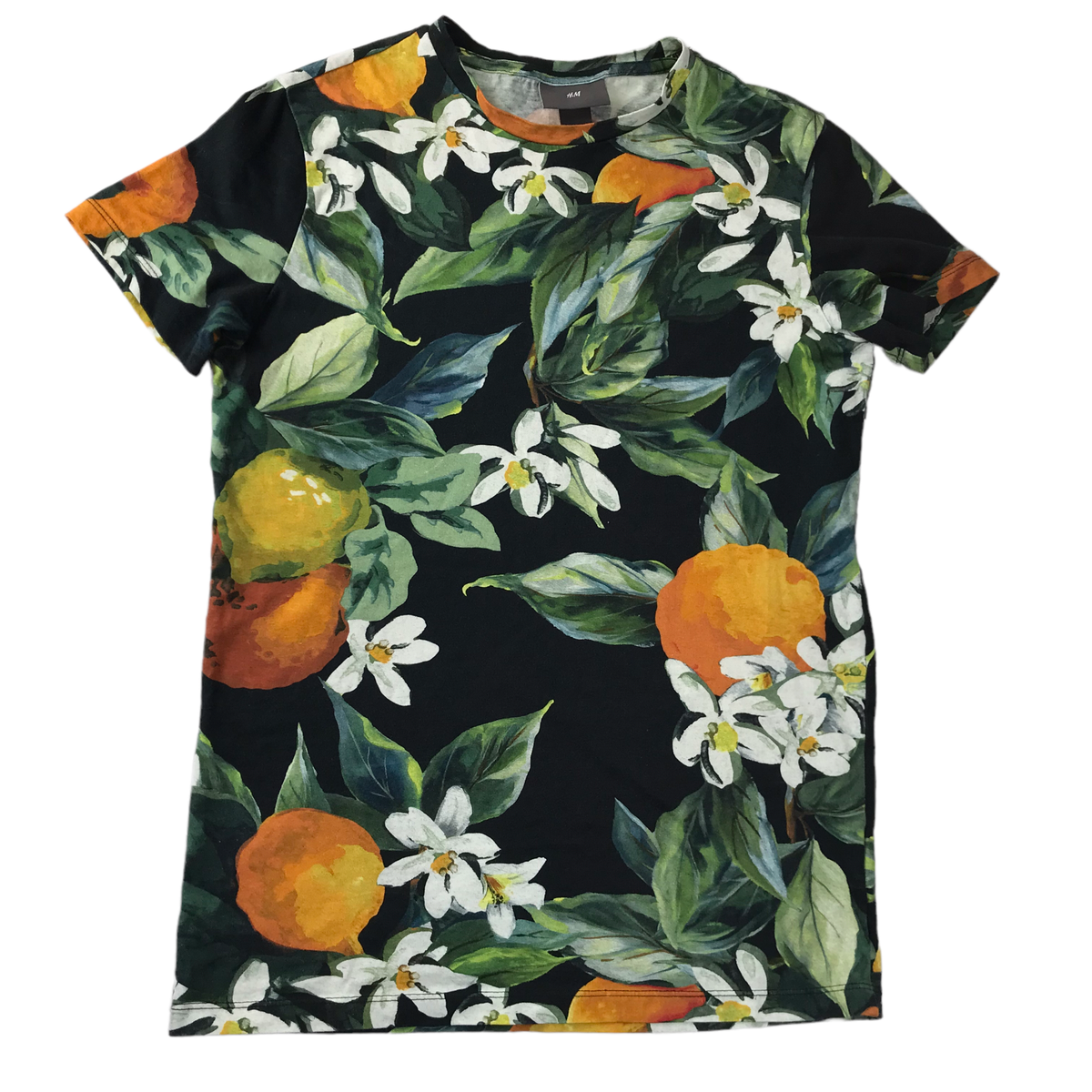 H&M T Shirt Black Floral Size US Men's Oranges Print Citrus