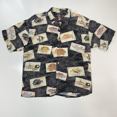 VTG USA Quicksilver QS Shirt Men's Medium Hawaiian Fish Print Shirt Rayon RARE