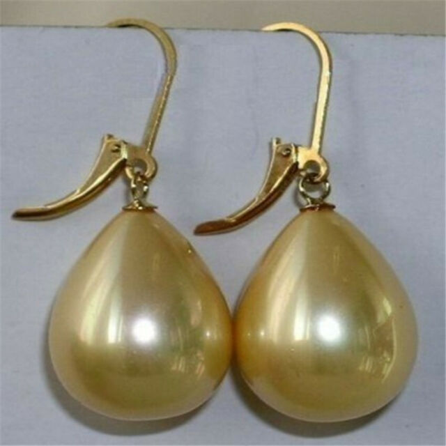 14-18mm Water Drop Yellow shell pearl earrings 18K Dangle gorgeous natural