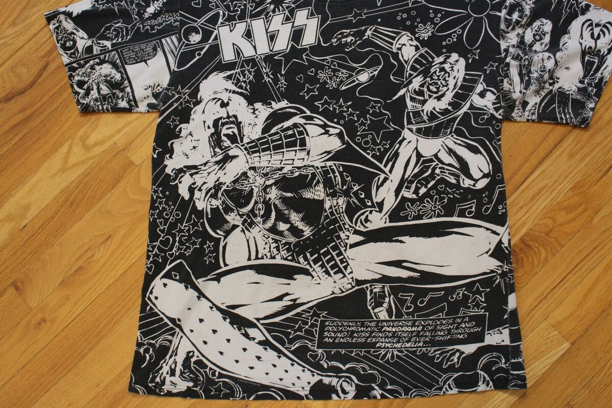 Vintage 1995 Kiss Comic T-Shirt Size XL All Over Print Black Vintage 1995 Kiss Comic T-Shirt Size XL All Over Print Black
