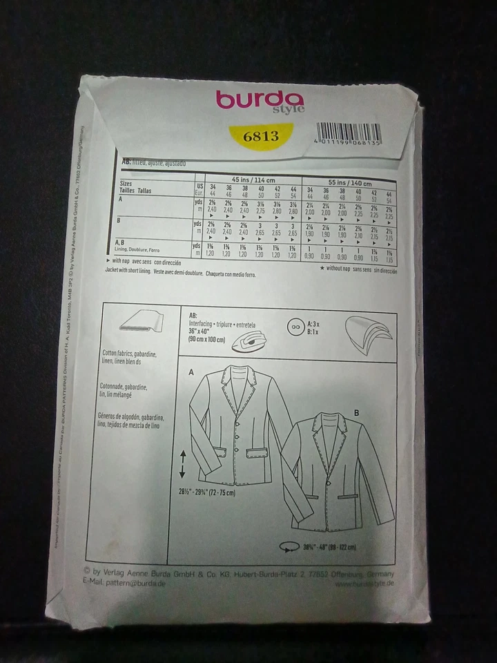 Burda Jacket Men's Sewing Pattern Sports Coat With Pockets New Uncut Size 34-44 - Image 2 of 3