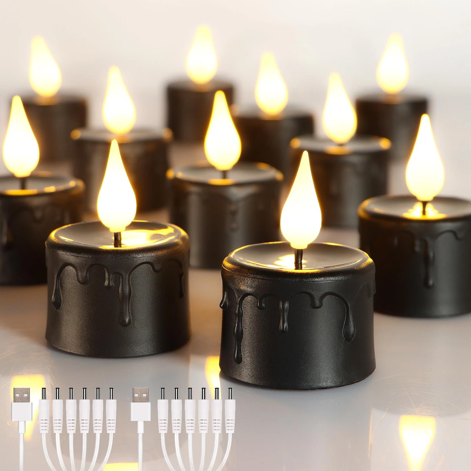 12PCS Black Rechargeable LED Tea Lights with 6H Timer Melting Flameless Flick...