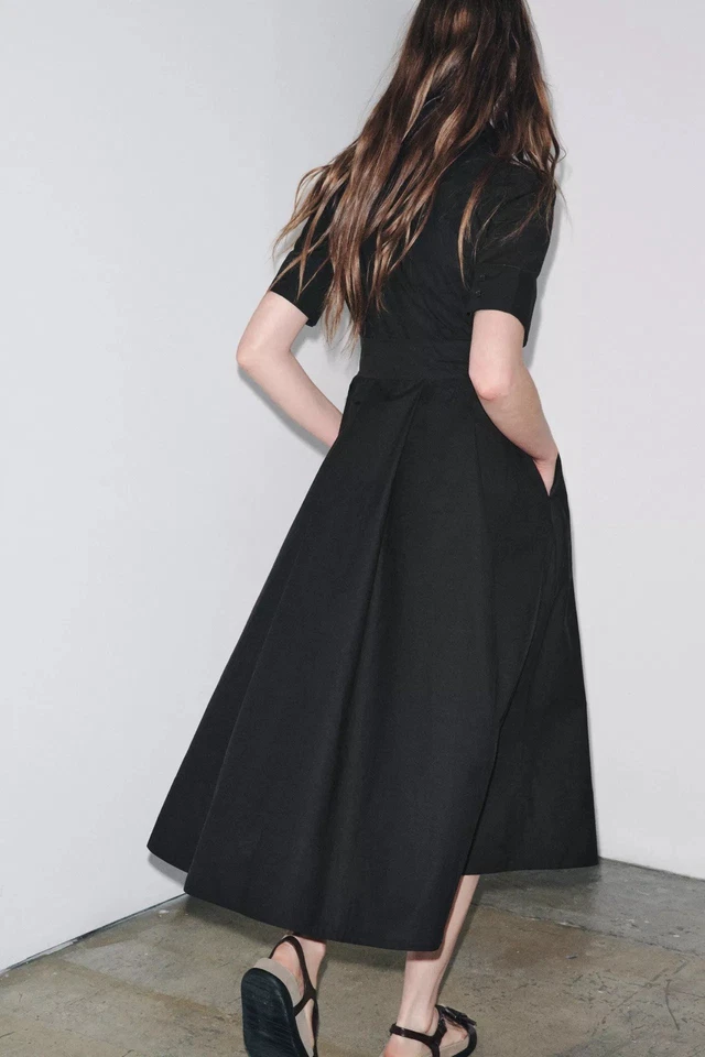 ZARA - Vestido midi de popelina de la colección ZW en negro - Talla XS Foto 3 de 4