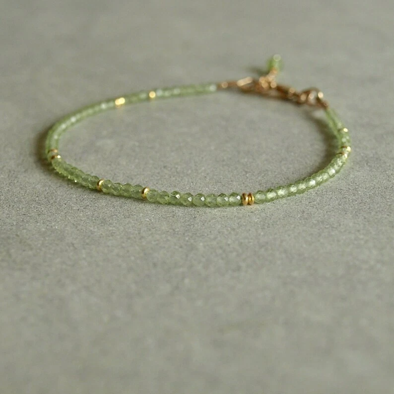 2-3MM A++ Dainty Peridot Faceted Round Gemstone Gold Filled Beads Bracelet 6-8'' - Image 3 of 4