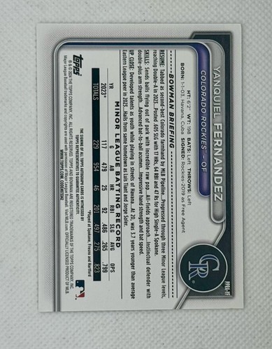2024 Bowman YanQuiel Fernandez Auto #PPRA-YF Rockies - Picture 2 of 2