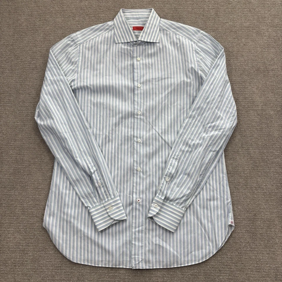 Camisa Isaia azul/verde a rayas de algodón con botones para hombre talla 16/41 usada en excelente estado Foto 3 de 4