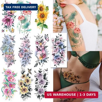 CHARLNET Watercolor Flower Temporary Tattoos for Women Girls - 10 Large Sheets S