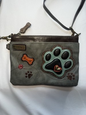 Chala Gray Small Crossbody Bag Zip Top Paw Print Applique Polka Dot