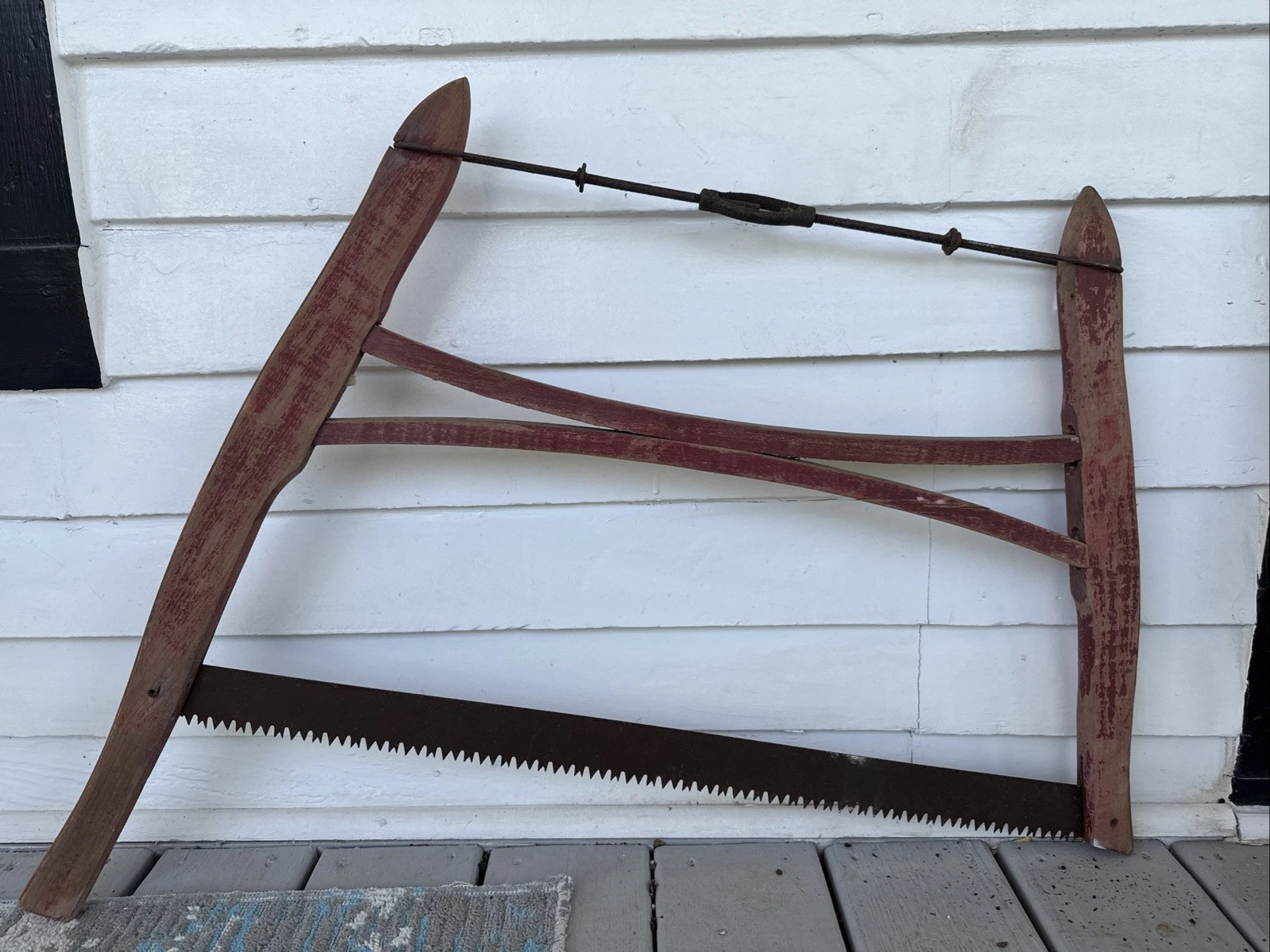Antique Art Rustic Red Wooden Double Handle Buck Bow Saw Salvaged