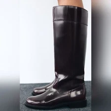 ZARA FLAT LEATHER KNEE HIGH BOOTS TALL SHAFT ROUNDED TOE OXBLOOD SIZE 39/8