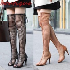 Ladies Peep Toe Over The Knee Boots Mesh Sandals Gladiator High Heels Club Party