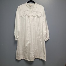 Vtg Barbizon Brushed Satin Nightgown Embroidery Lace Sz LARGE Long Sleeve White
