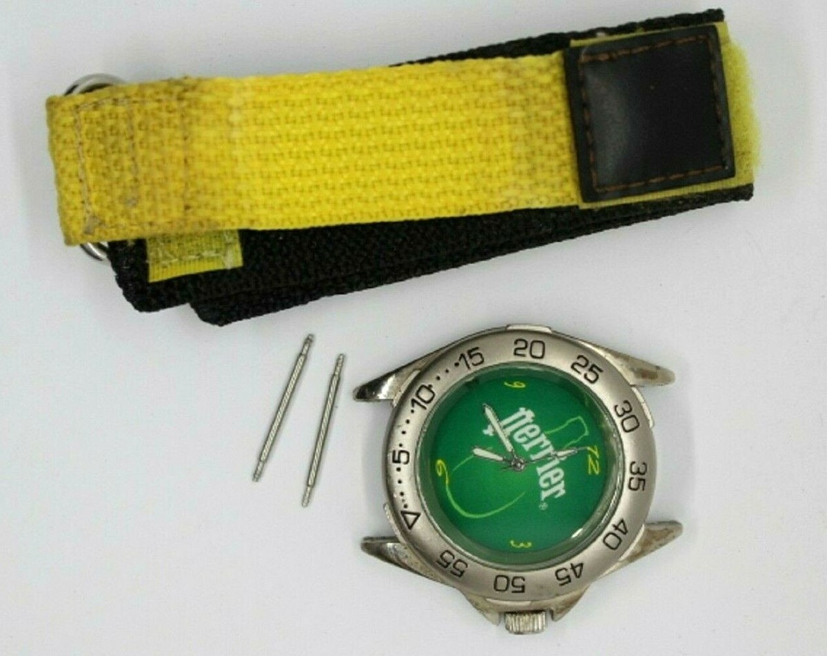 Montre Perrier Vintage - Cadran Vert, Bracelet Jaune, Mouvement Quartz, Pile Neuve, Neuf Avec Défauts