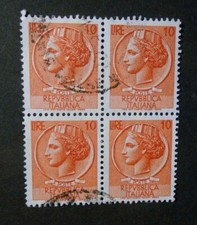 ITALIA, ITALY, Repubblica 1955-60 " Siracusana " 10 lire in Quartina USED stella