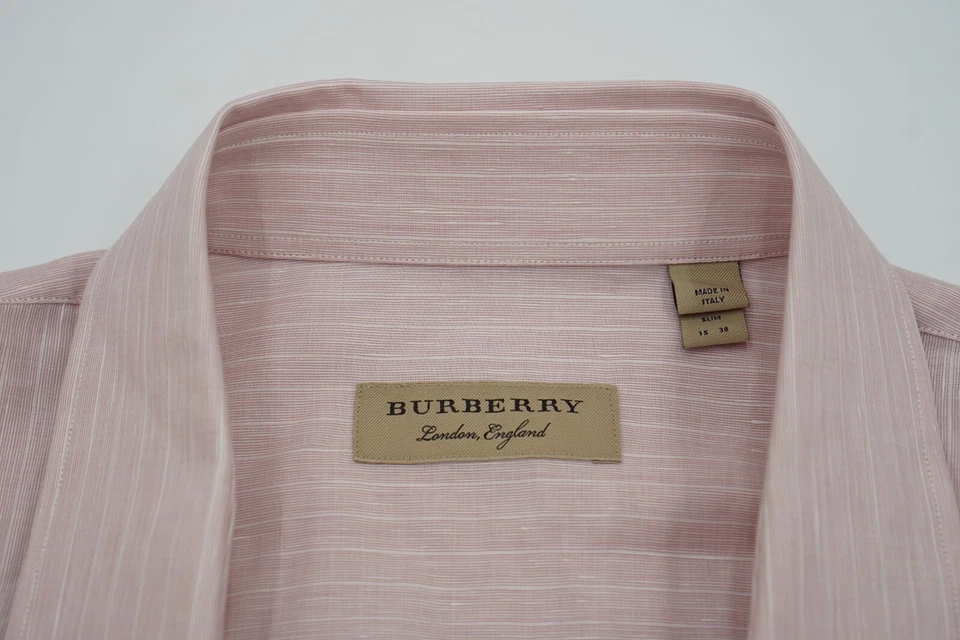Мужская рубашка Burberry хлопок и лен бледно-розовый цвет сделано в Италии размер 38 15 - Изображение 3 из 4