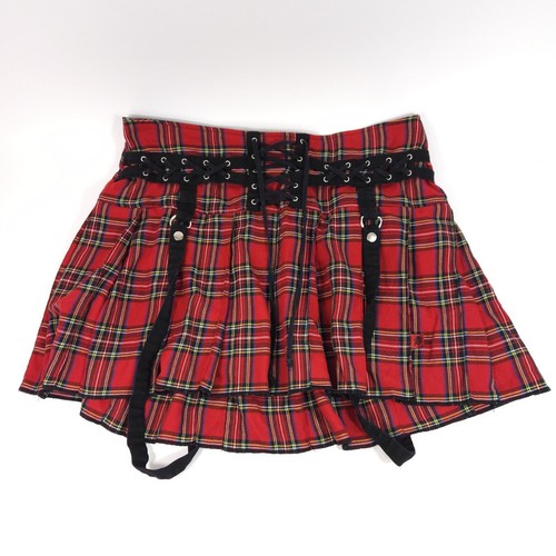 Vtg Tripp NYC Red Plaid Miniskirt Size 16 Lacing Straps Skirt - Picture 1 of 10