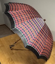 50's Striped/Plaid Parasol Umbrella Wood Shaft MCM Retro 25  Resin Handle