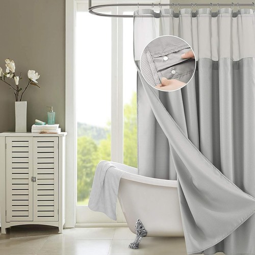 Waffle Weave Shower Curtain with Fabric Snap in Liner Set with Mesh See Throu...