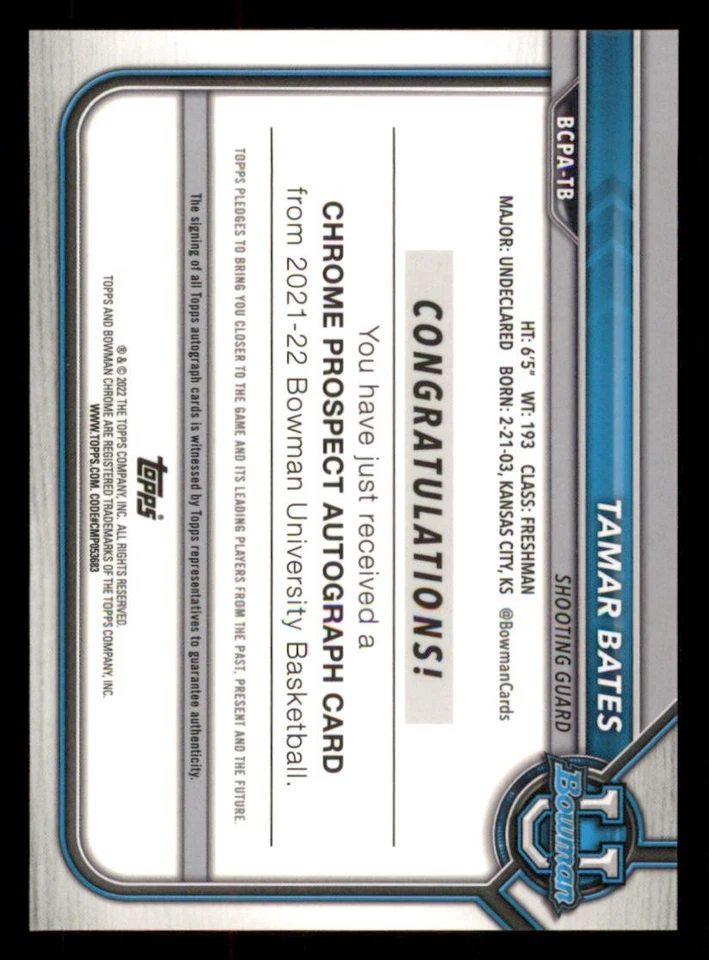 2021-22 Bowman Chrome University AUTO #BCPATB Tamar Bates - Image 2 of 2