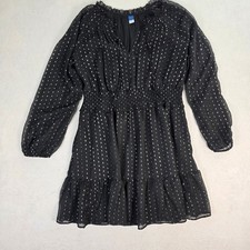 Old Navy Women L Mini Dress Black Silver Foil Dot Smocked Waist Excellent Party