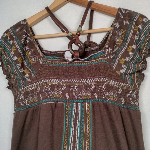 Vintage Y2K No Boundaries Halter Top Shirt XL Brown Smocked Baby Doll Beads READ - Picture 3 of 24