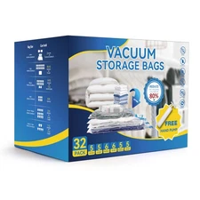 SIMPLE DELUXE 32 PACK VACUUM STORAGE BAGS WITH HAND PUMP - CLEAR/BLUE