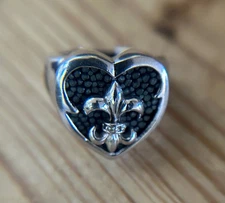 VNTG Sterling Silver Fleur-de-Lis Heart Signet Ring Heavy Crest Design Signed