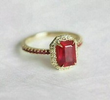Emerald Simulated Red Ruby Halo Engagement Band Ring In 14k Yellow Gold Plated
