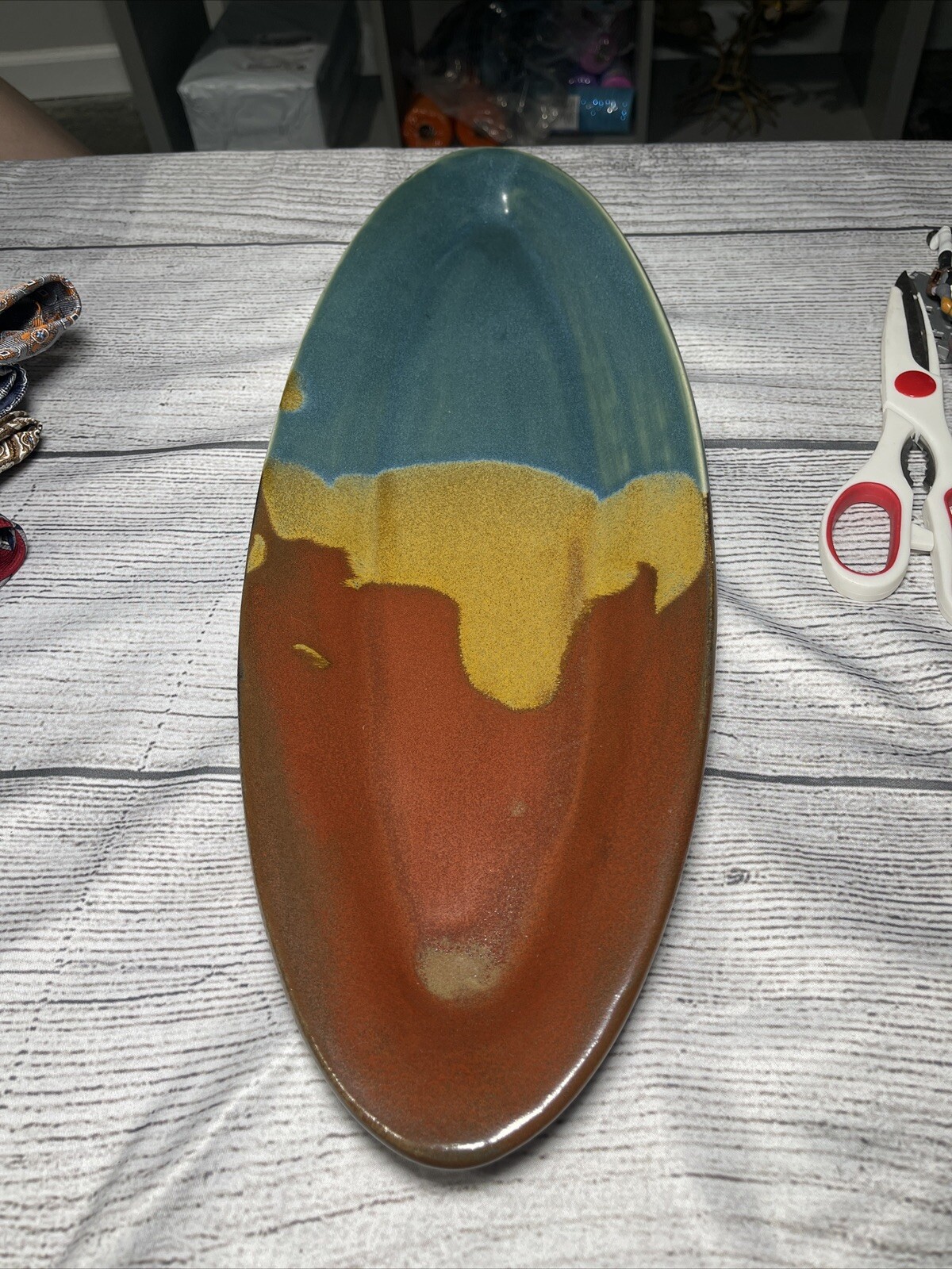 Pottery Long Oval Dish Signed