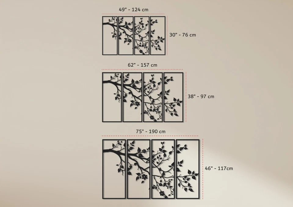 Arte de parede de metal árvore XL, 4 painéis galho de metal decoração para casa, escultura moderna da natureza - Imagem 3 de 4