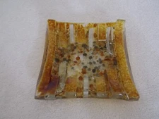 Vintage Art Glass Amber Pebble Square Trinket Dish / Ashtray